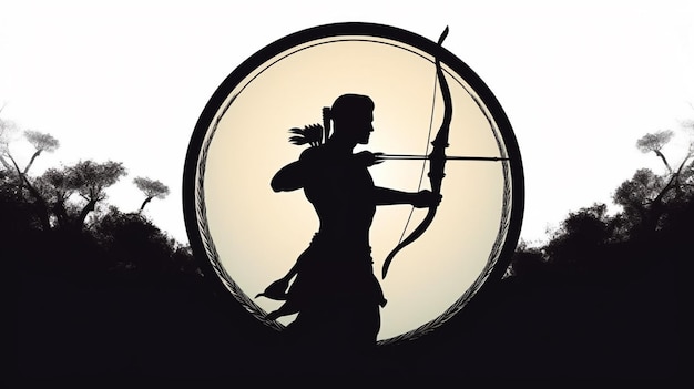 Silhouette of a woman holding a bow and arrow in front of a clock generative ai