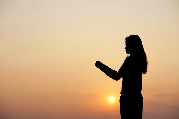 Silhouette of a woman holding a computer sunset background