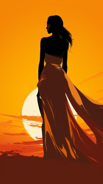 Silhouette of a woman in a long dress standing in front of a sunset