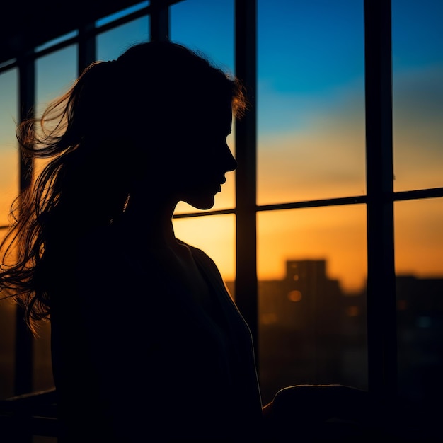 A silhouette of a woman looking out a window at sunset