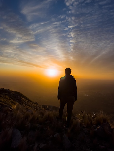 Silhouette of woman in majestic sunset over mountain Vertical photo