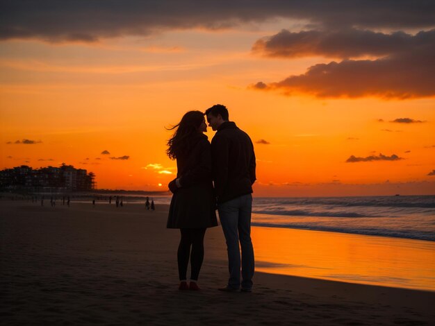 Silhouette of woman and man on the beach at sunset