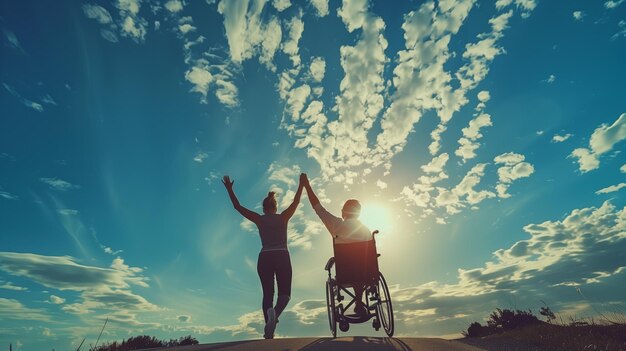 Silhouette of a woman and a man in a wheelchair celebrating joyously under a vivid sky
