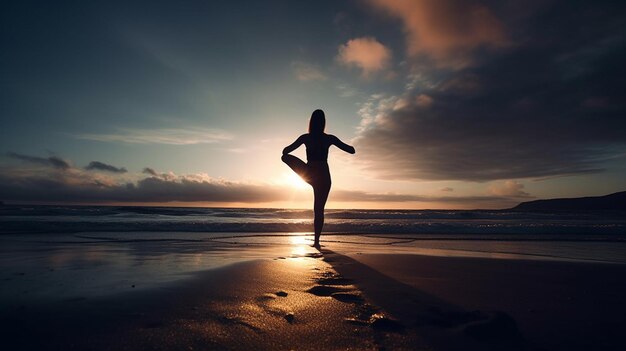 Silhouette of woman meditating on the beach at sunsetgenerative ai