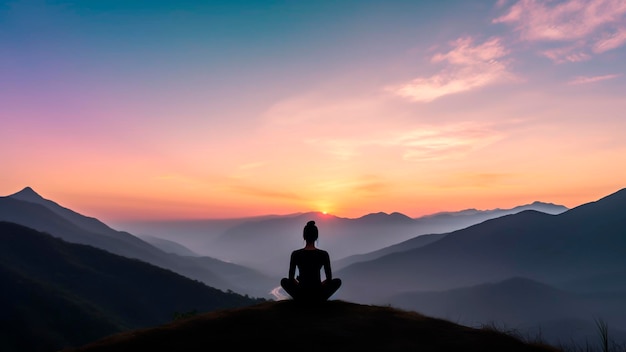 Silhouette of woman meditating in lotus pose on top of mountain in front of a sunset