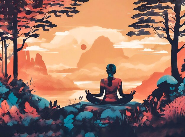 AIによって生成された湖の近くの日の出時に山で瞑想している女性のシルエット
