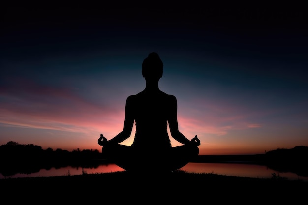 Silhouette of a woman person meditating in yoga position ai generated image