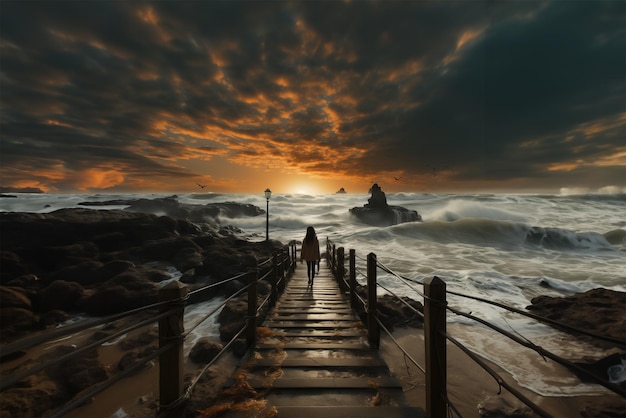 Photo silhouette of a woman on a pier at sunrise with a sea with big waves generative ai