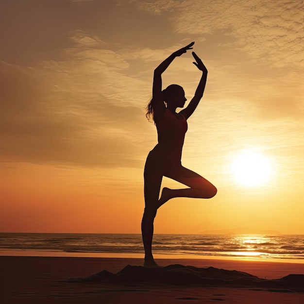 Silhouette of a woman practicing yoga on the beach at sunset