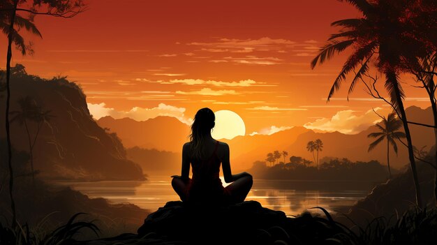 Silhouette of a woman practicing yoga on a beautiful sunset healthy living breathing and meditation