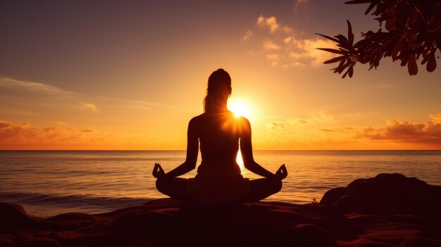 Силуэт женщины, практикующей йогу для медитации на фоне моря на закате