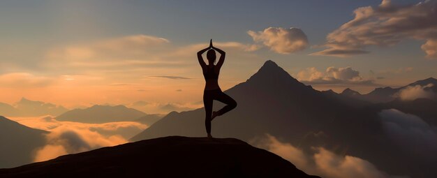 Silhouette of a woman practicing yoga in the summit with mountain background