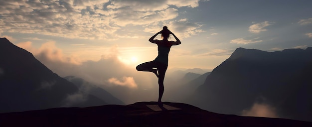 silhouette of a woman practicing yoga in the summit with mountain Background