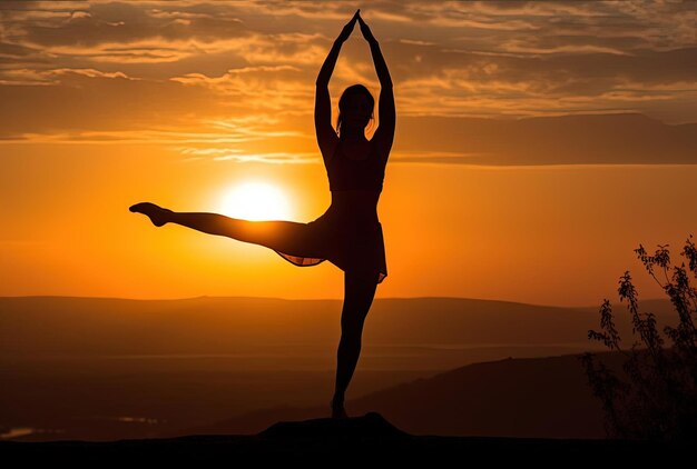 Silhouette of woman practicing yoga at sunset in the style of symbolic elements