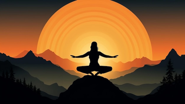 Silhouette of a Woman Practicing Yoga with Mountain BackgroundAi