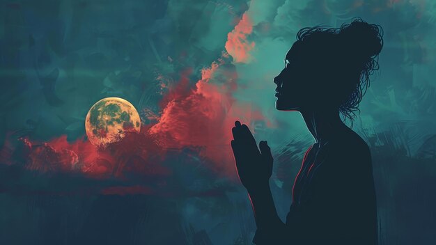 Photo silhouette of woman praying under full moon