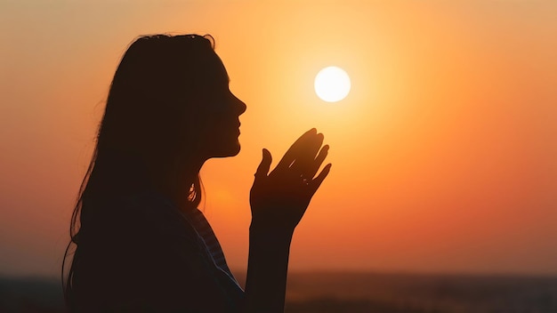 Silhouette of woman praying with god