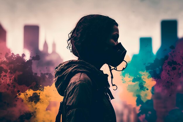 Silhouette of a woman in a protective mask on the background of a dirty city Generative AI