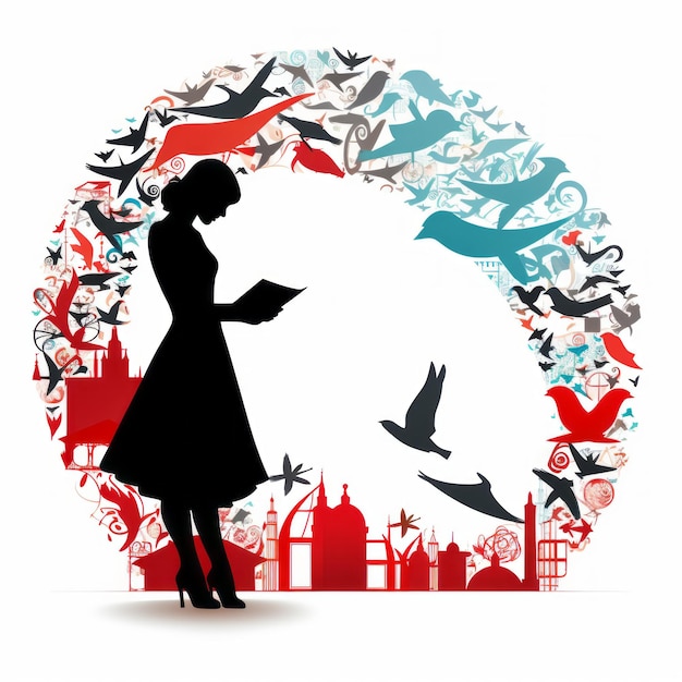 Silhouette Of A Woman Reading A Book With Birds In Flight