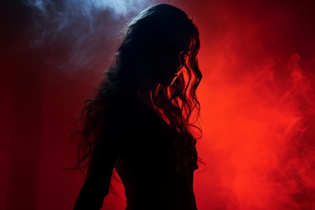 the silhouette of a woman in red and blue smoke