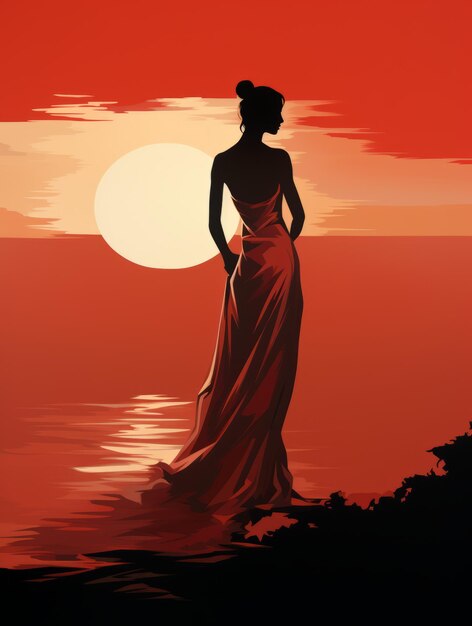 Silhouette of a woman in a red dress standing on the beach at sunset