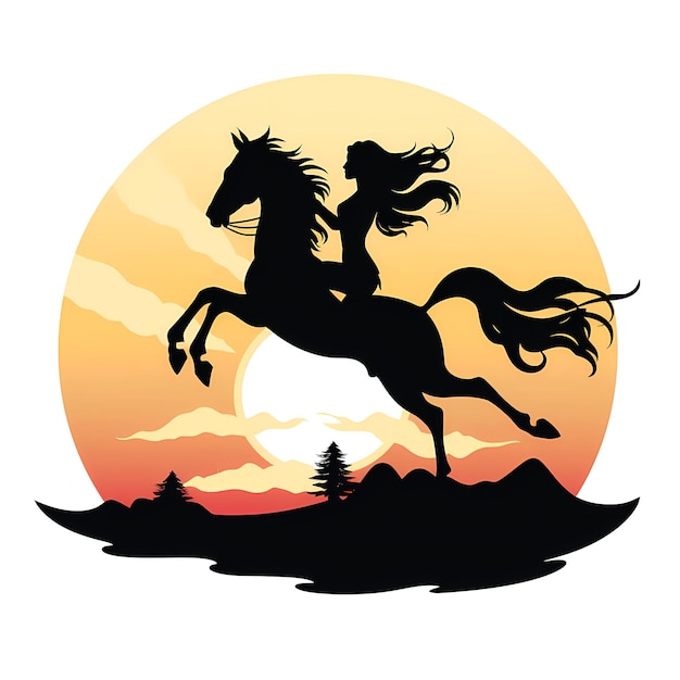 Photo silhouette of woman riding horse in front of sunset generative ai