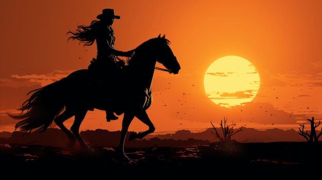 A silhouette of a woman riding a horse at sunset