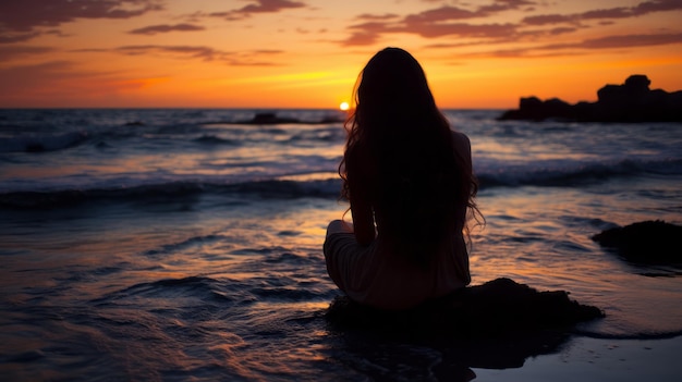 Premium AI Image | silhouette of a woman sitting on the beach at sunset