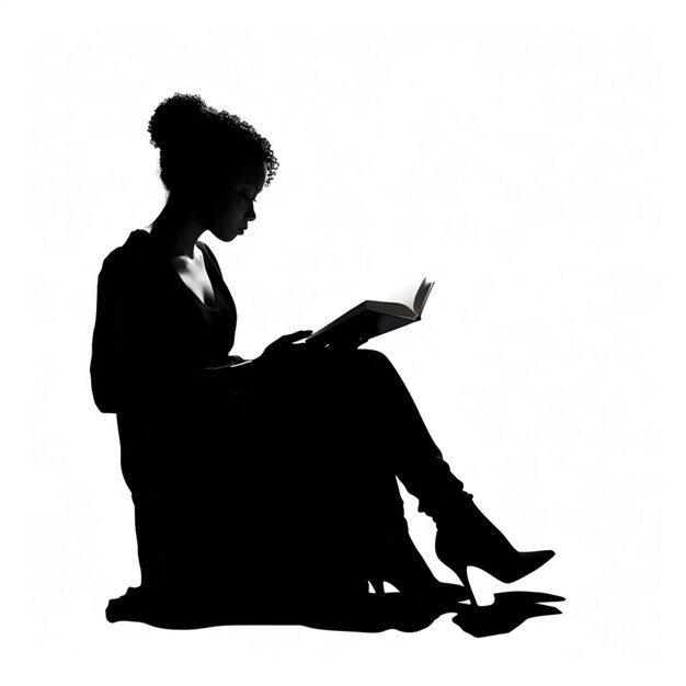 Foto silhouette di una donna seduta su una sedia che legge un libro generativo ai