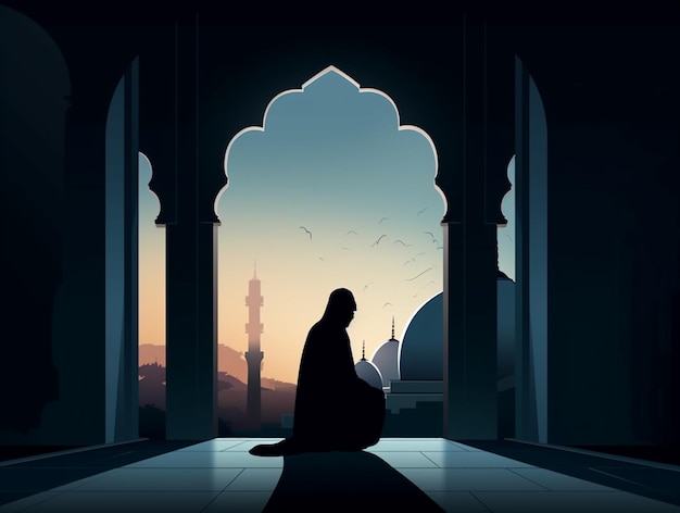 Photo a silhouette of a woman sitting in a doorway with a mosque in the background