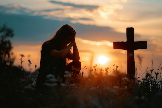 Photo silhouette of a woman sitting on the grass praying in front of a cross at sunset