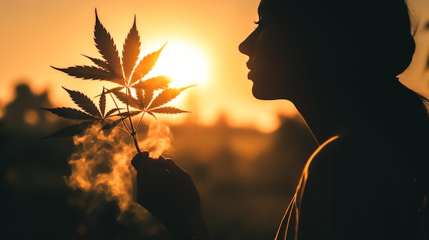 Foto silhouette di una donna che fuma una canna e tiene in mano una pianta di cannabis ia generativa