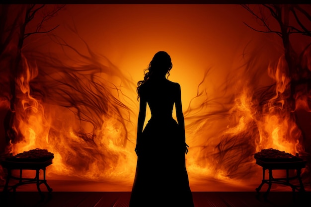 Силуэт женщины стоит перед огнем
