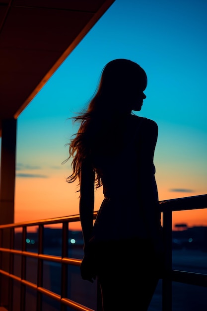 Foto una silhouette di una donna in piedi su un balcone al tramonto