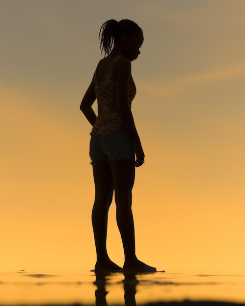 a silhouette of a woman standing on the beach at sunset