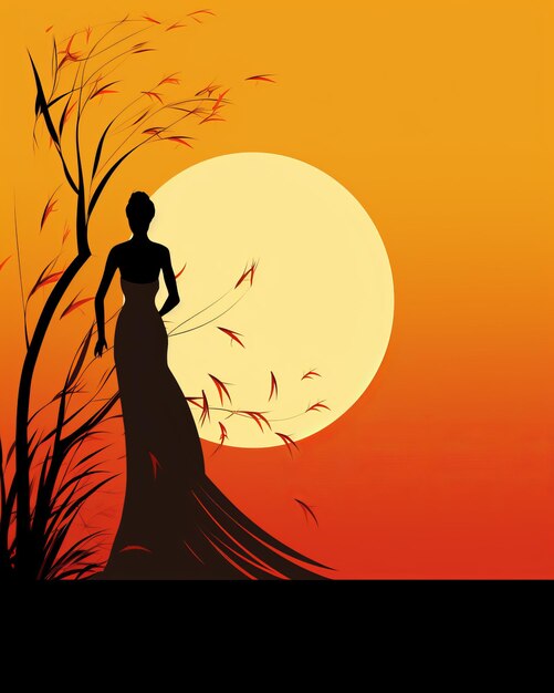 Silhouette of a woman standing in front of a tree at sunset