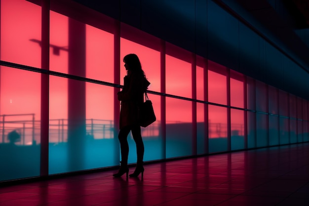 a silhouette of a woman standing in front of a window at night