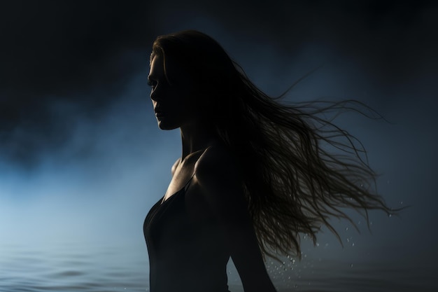 the silhouette of a woman standing in the water at night