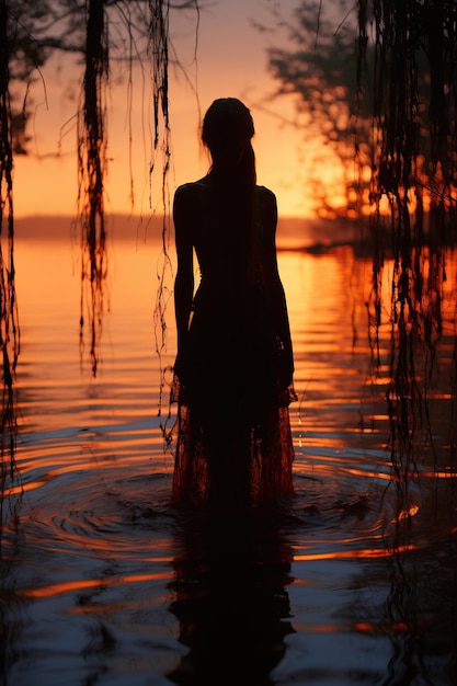 a silhouette of a woman standing in water