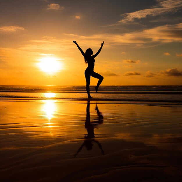 Foto silhouette di una donna in piedi mentre pratica la postura dello yoga sulla spiaggia scattata al tramonto ai generativa