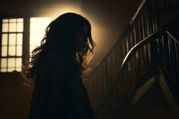 Silhouette of woman stands alone in a stairwell in front of a window Her face is covered by her hair