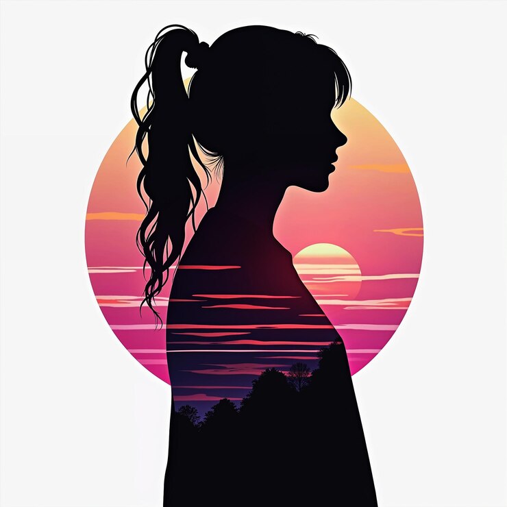 Photo a silhouette of a woman in a sunset with the silhouette of a woman in the foreground