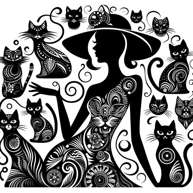 a silhouette of a woman surrounded by various cats