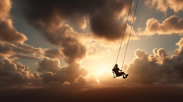 Silhouette of a woman swinging on a swing against cloudy skygenerative ai