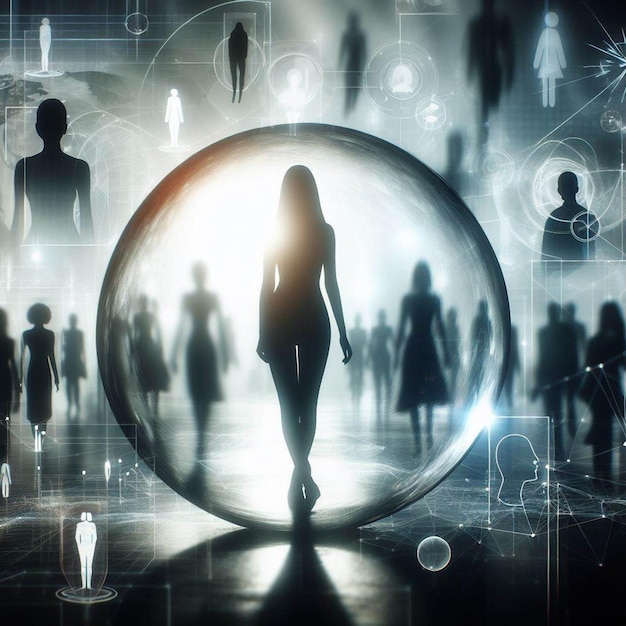 Photo silhouette of a woman in a transparent sphere on a blurred background