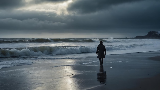 嵐の日にビーチを歩く女性のシルエット