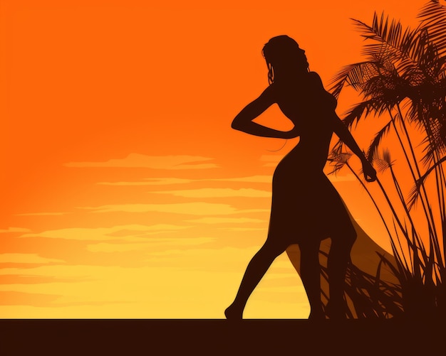 Silhouette of a woman walking on the beach at sunset