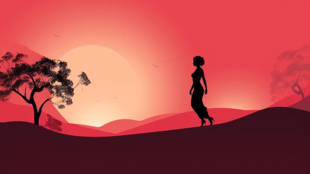 silhouette of a woman walking on a hill at sunset