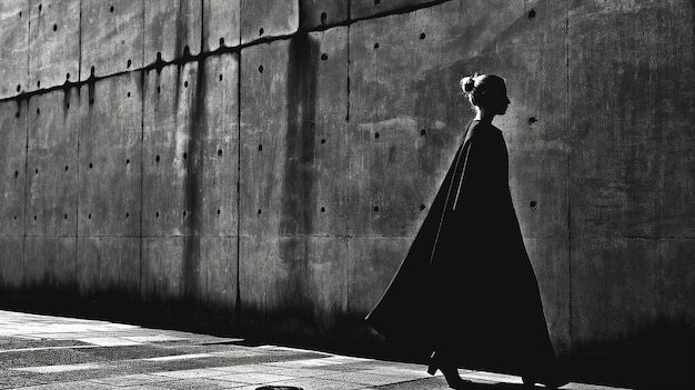 Силуэт женщины, идущей в одиночестве перед бетонной стеной