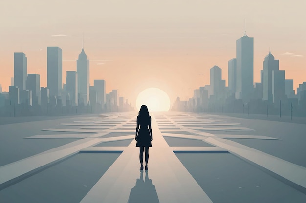 Silhouette of a woman walking in the middle of a city at sunset